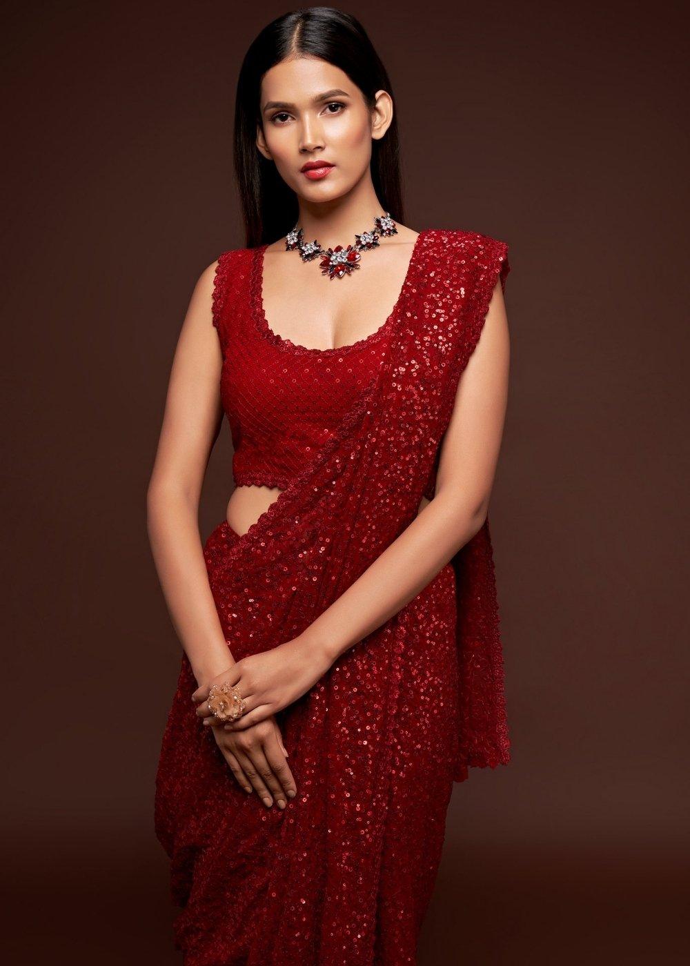 Scarlet Red Sequins & Thread Embroidered Designer Georgette Saree | Stitched Blouse - qivii