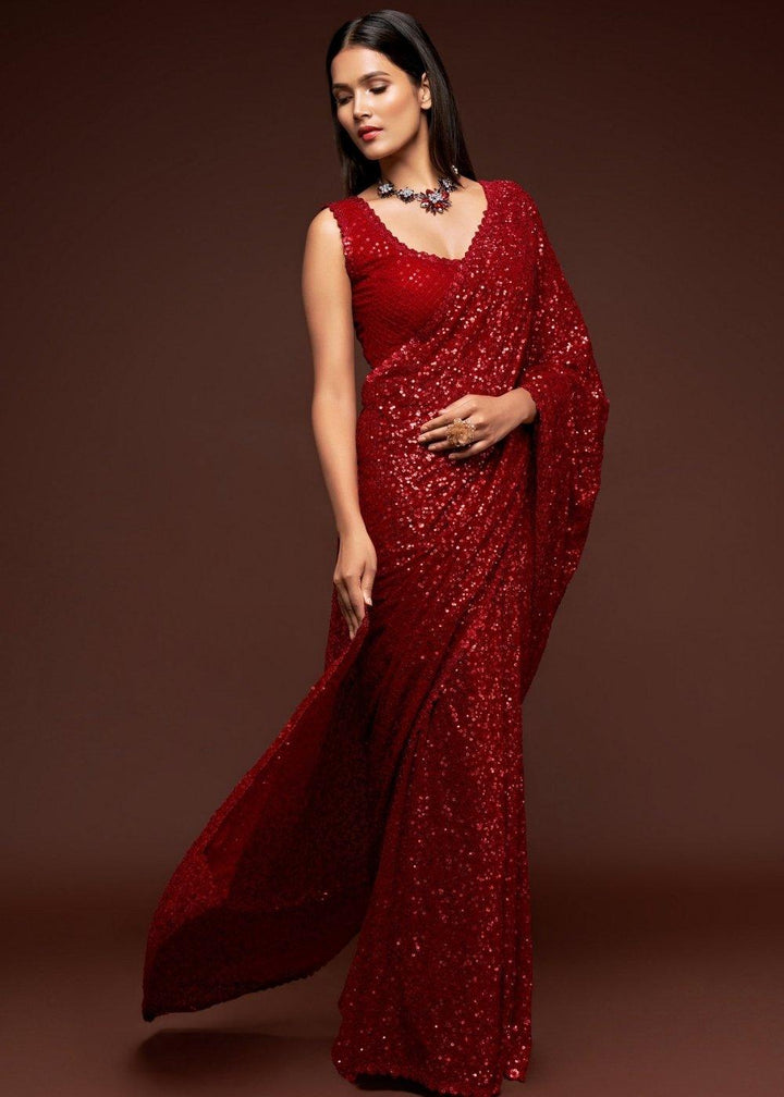 Scarlet Red Sequins & Thread Embroidered Designer Georgette Saree | Stitched Blouse - qivii