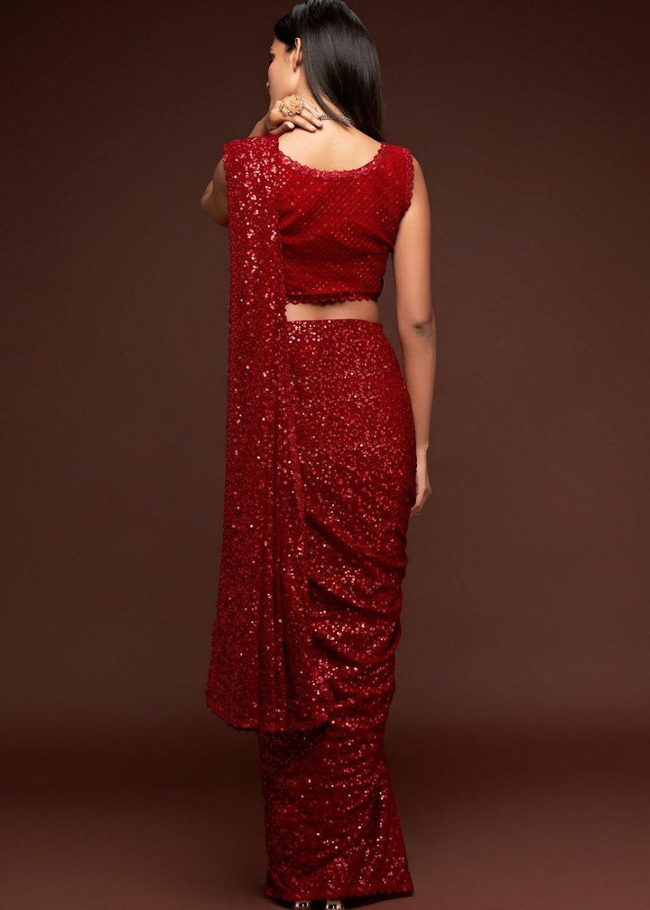 Scarlet Red Sequins & Thread Embroidered Designer Georgette Saree | Stitched Blouse - qivii