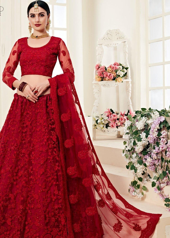 Scarlet Red Soft Net Lehenga Choli with Cording Embroidery & Stonework - qivii