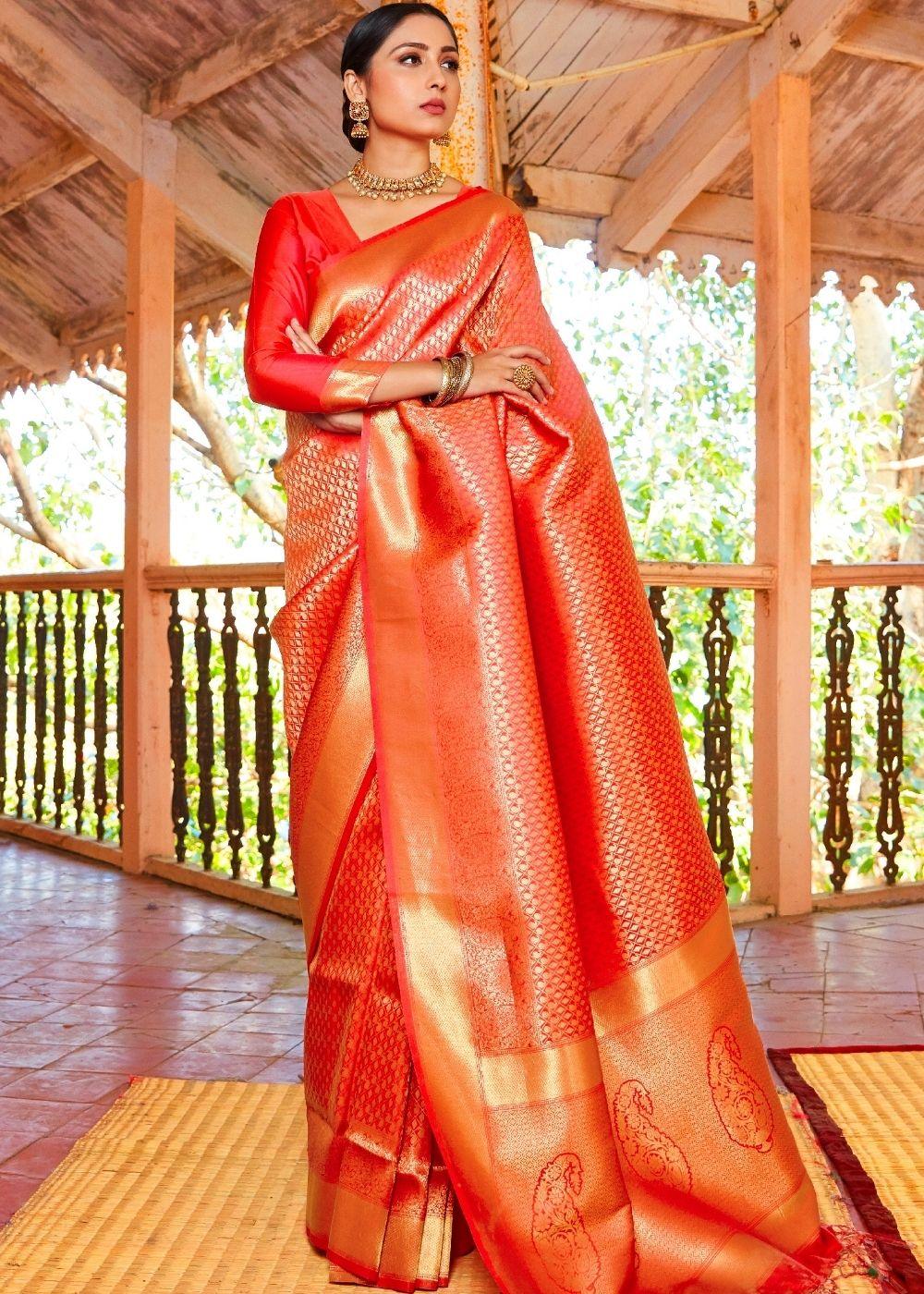 Scarlet Red Woven Kanjivaram Saree:Limited Edition | Stitched Blouse - qivii