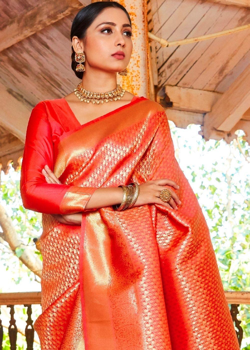 Scarlet Red Woven Kanjivaram Saree:Limited Edition | Stitched Blouse - qivii