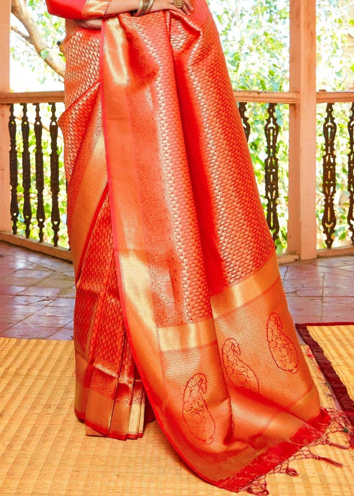 Scarlet Red Woven Kanjivaram Saree:Limited Edition | Stitched Blouse - qivii