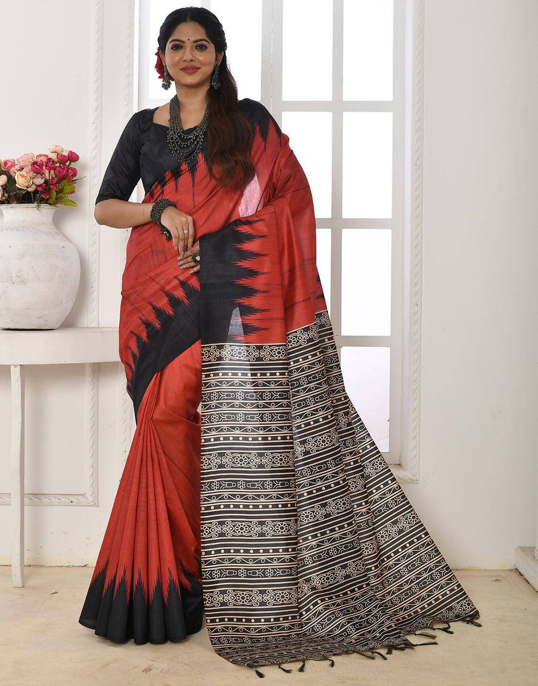 Scarlet Rose Red Tussar Silk Temple Print Saree | Stitched Blouse - qivii