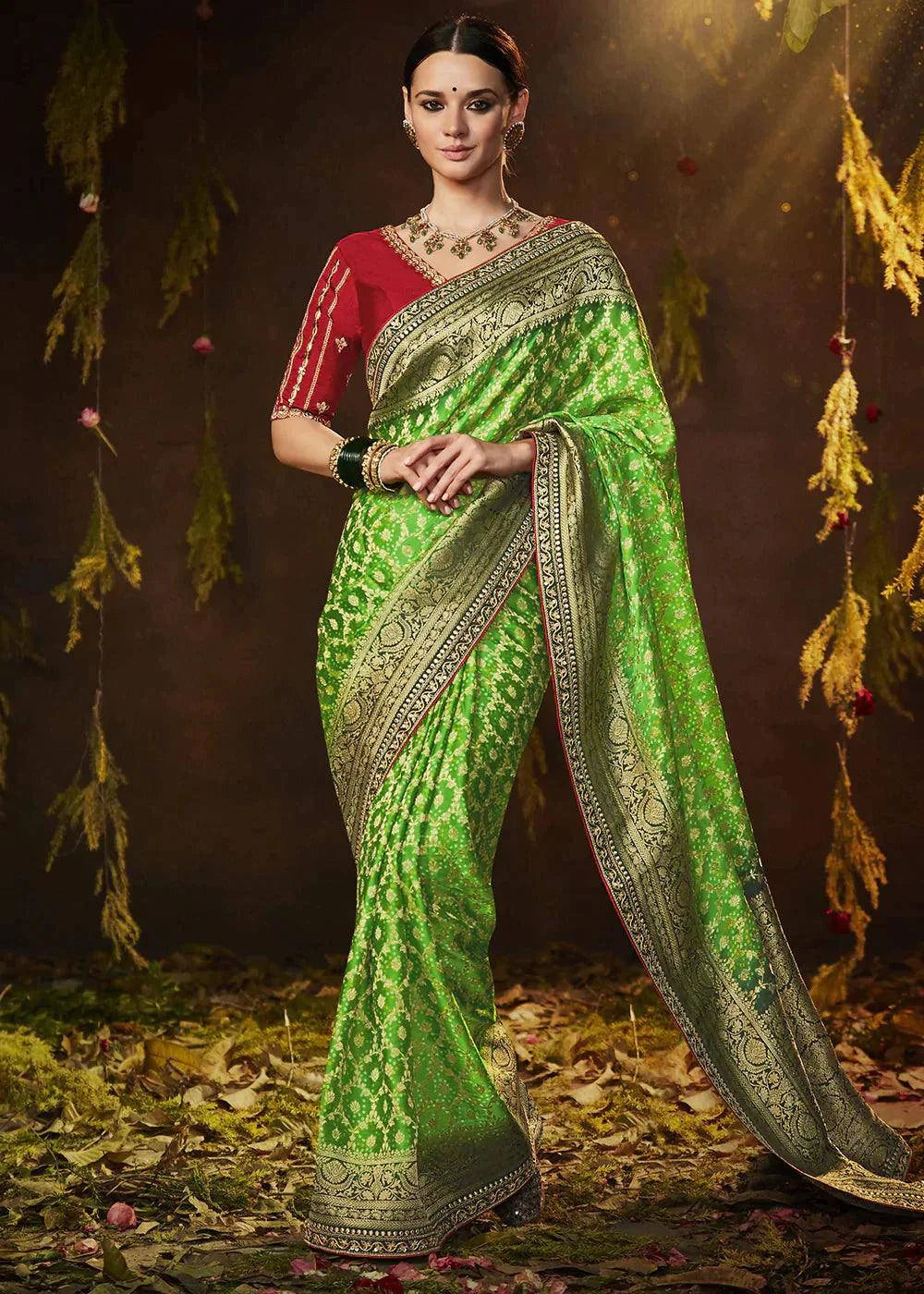 Screamin Green Zari Weaving Georgette Silk Saree with Embroidery Designer Blouse | Stitched Blouse - qivii