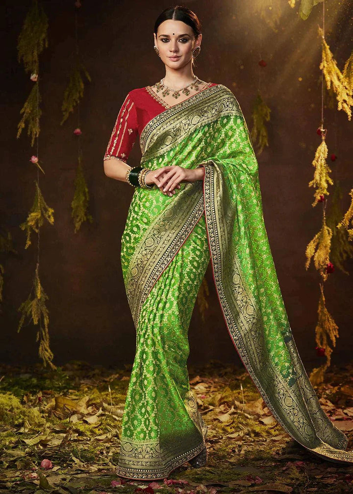 Screamin Green Zari Weaving Georgette Silk Saree with Embroidery Designer Blouse | Stitched Blouse - qivii