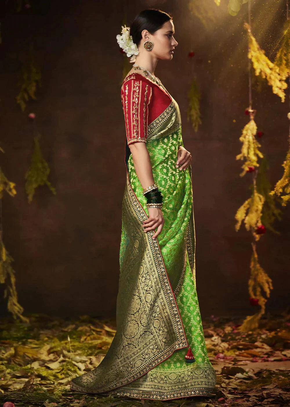 Screamin Green Zari Weaving Georgette Silk Saree with Embroidery Designer Blouse | Stitched Blouse - qivii