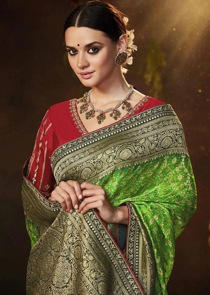 Screamin Green Zari Weaving Georgette Silk Saree with Embroidery Designer Blouse | Stitched Blouse - qivii