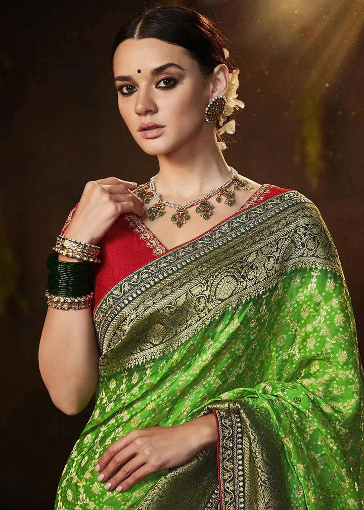 Screamin Green Zari Weaving Georgette Silk Saree with Embroidery Designer Blouse | Stitched Blouse - qivii