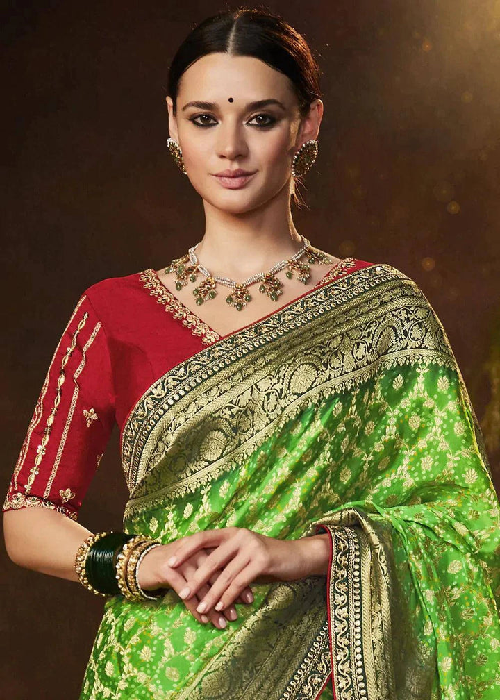 Screamin Green Zari Weaving Georgette Silk Saree with Embroidery Designer Blouse | Stitched Blouse - qivii