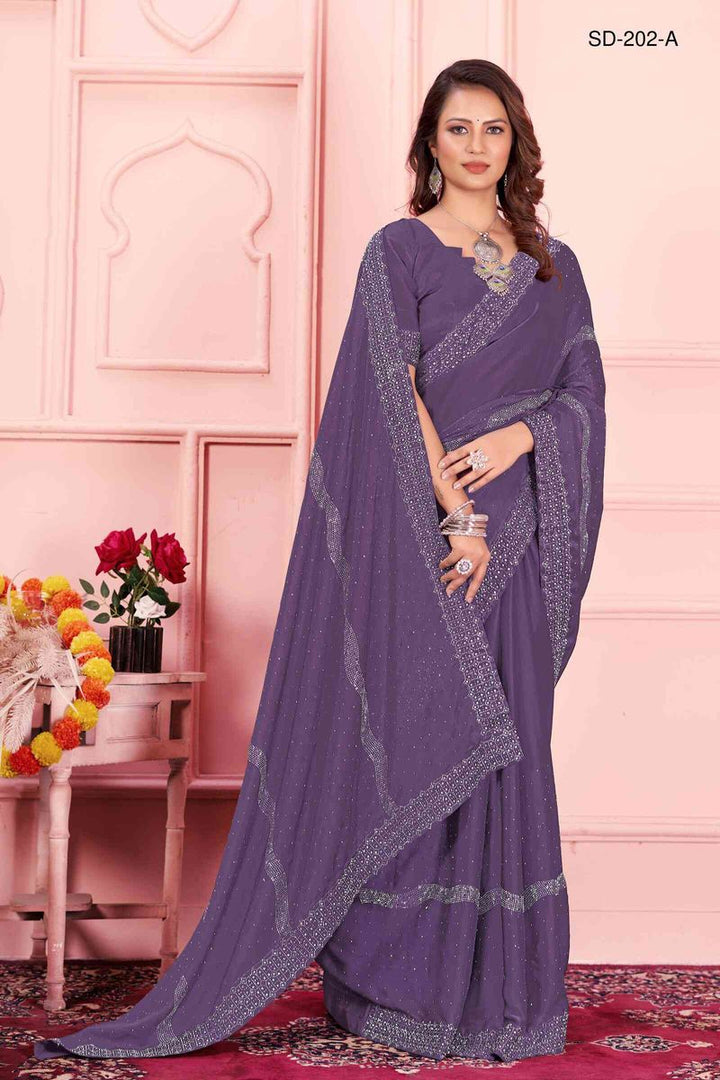 Purple saree With  Rangoli Swarowski Work