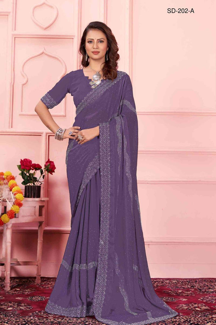 Purple saree With  Rangoli Swarowski Work