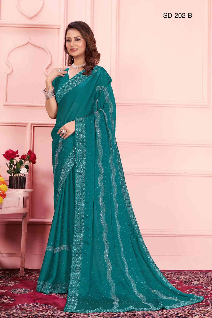 Teal saree With  Rangoli Swarowski Work