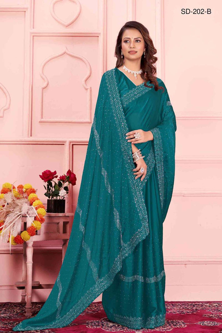 Teal saree With  Rangoli Swarowski Work