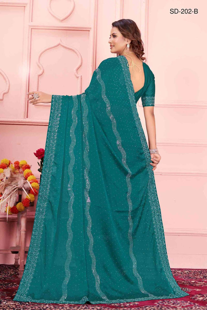 Teal saree With  Rangoli Swarowski Work