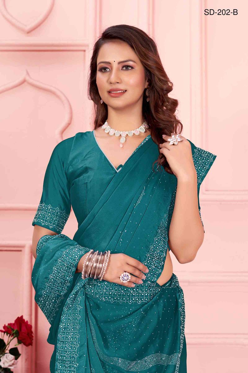 Teal saree With  Rangoli Swarowski Work