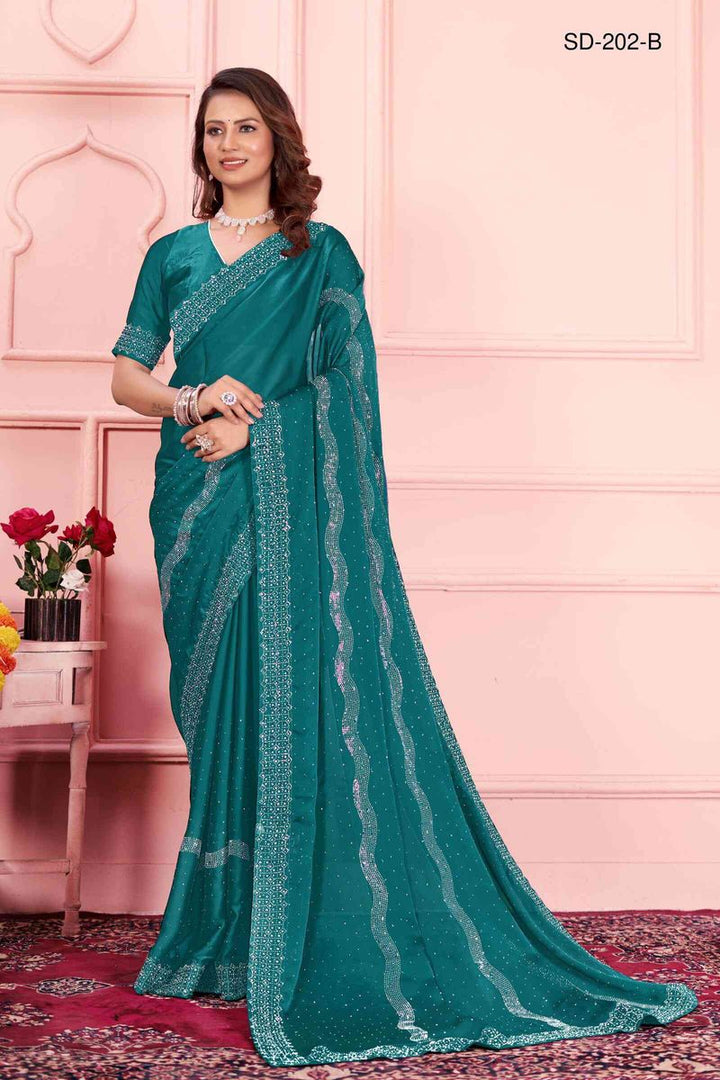 Teal saree With  Rangoli Swarowski Work