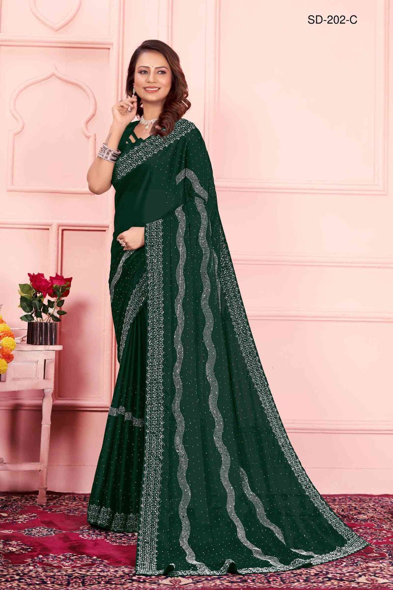 Green saree With  Rangoli Swarowski Work