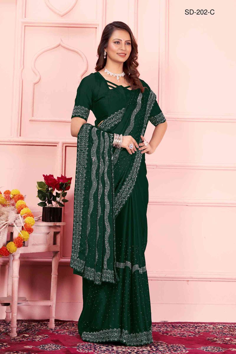 Green saree With  Rangoli Swarowski Work