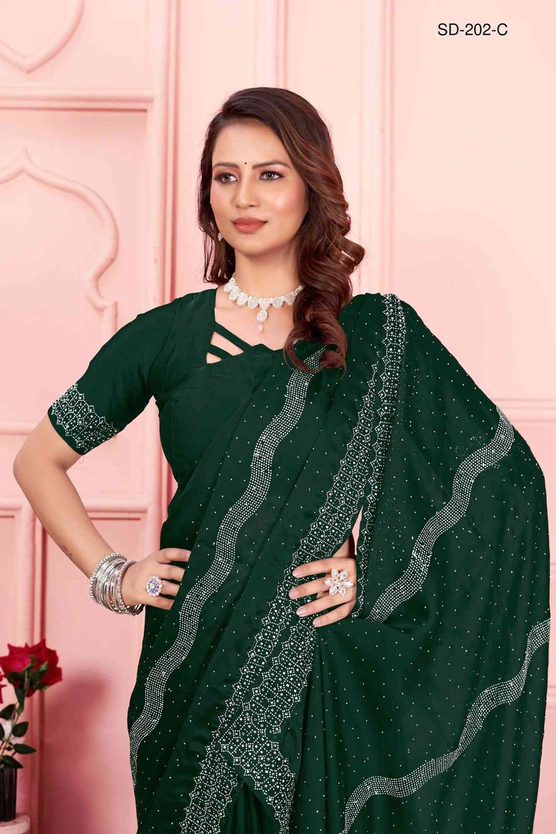 Green saree With  Rangoli Swarowski Work