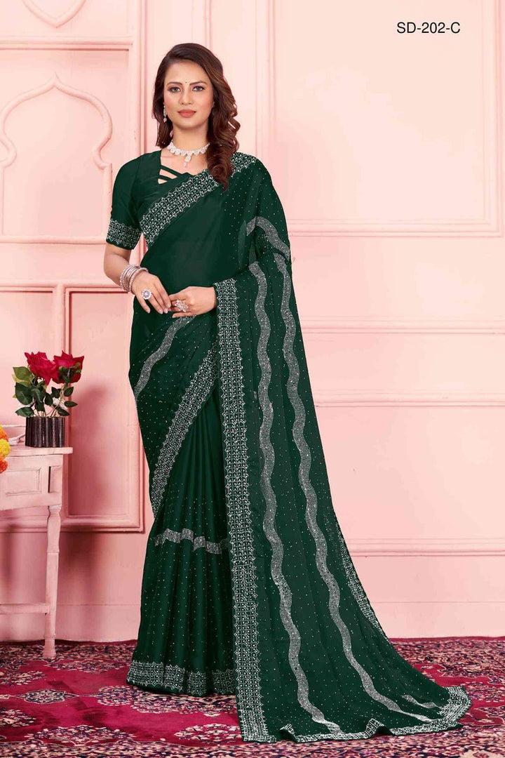 Green saree With  Rangoli Swarowski Work