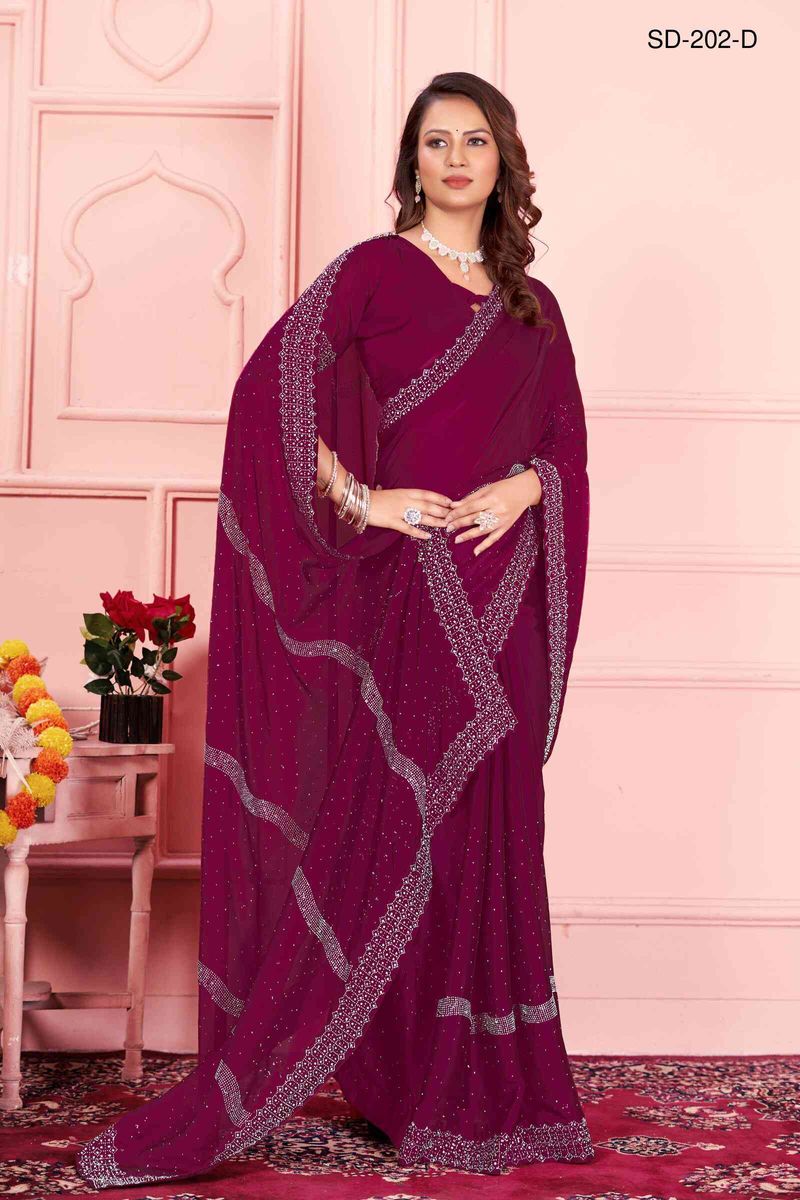 Maroon saree With  Rangoli Swarowski Work