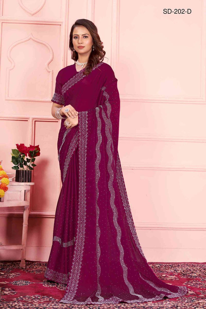 Maroon saree With  Rangoli Swarowski Work