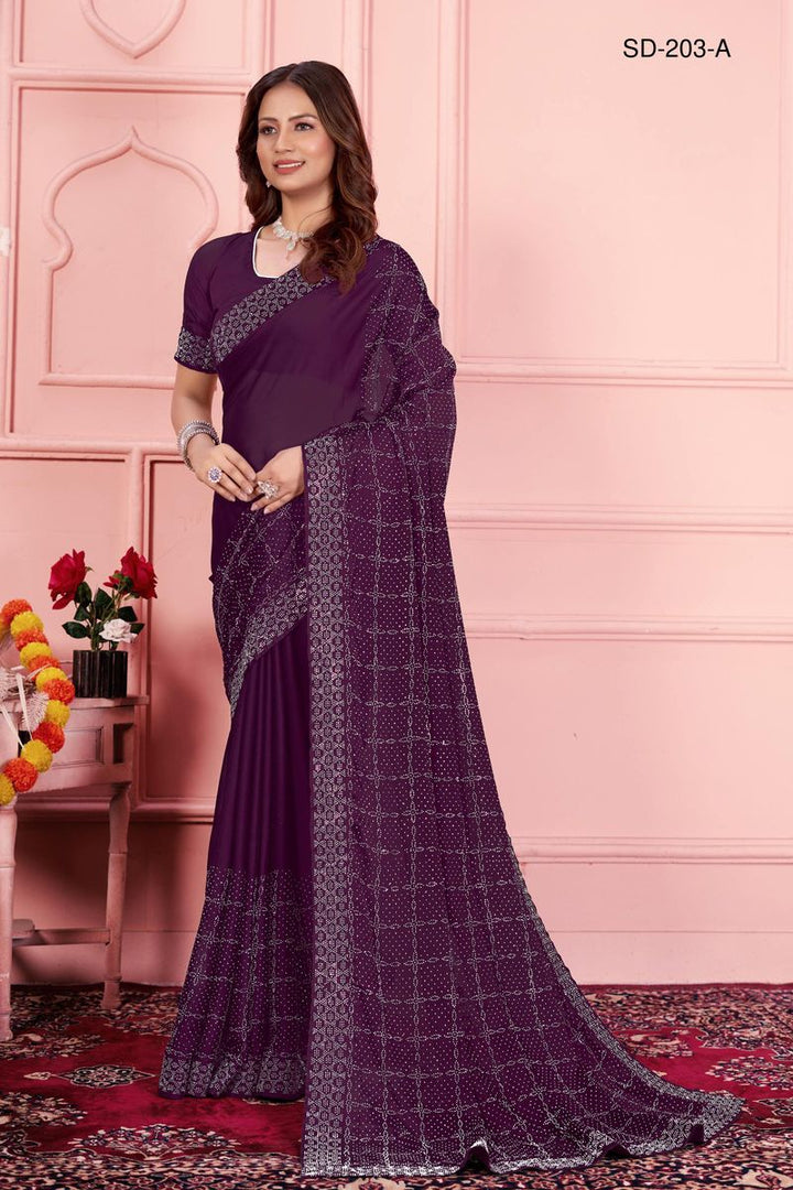 Purple saree With  Rangoli Swarowski Work