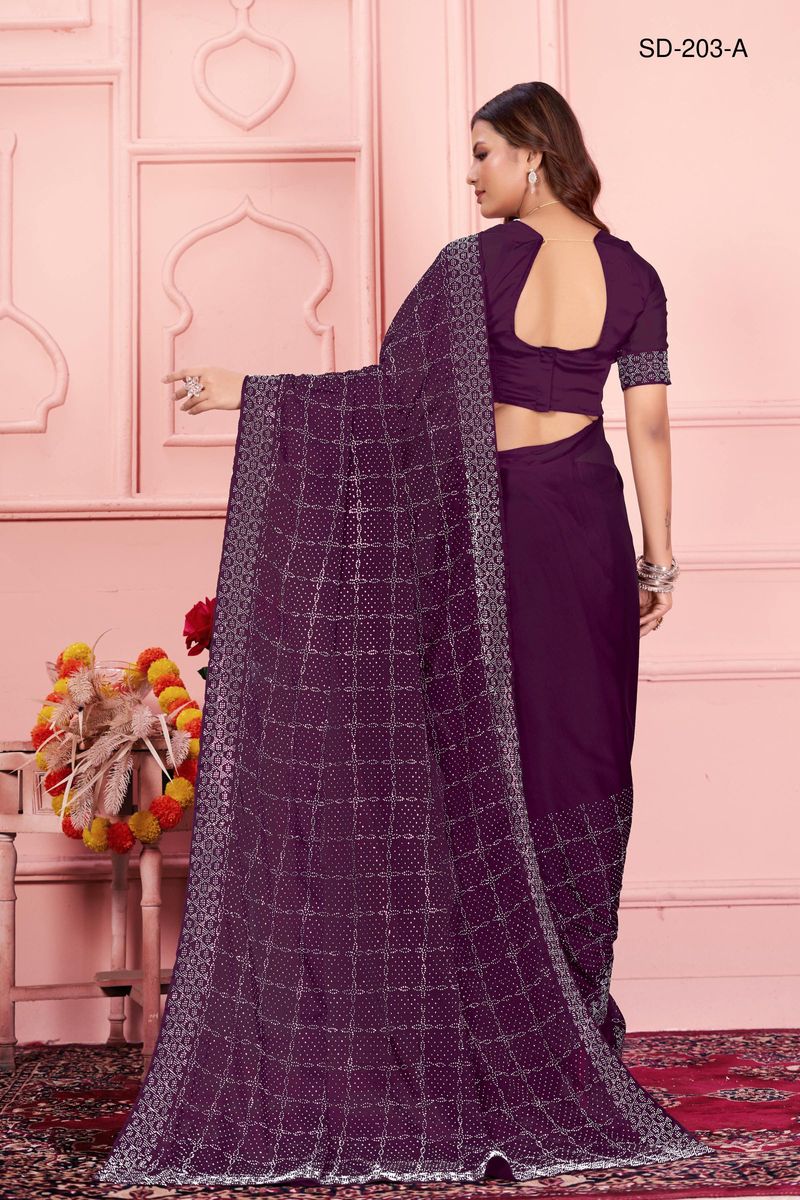 Purple saree With  Rangoli Swarowski Work