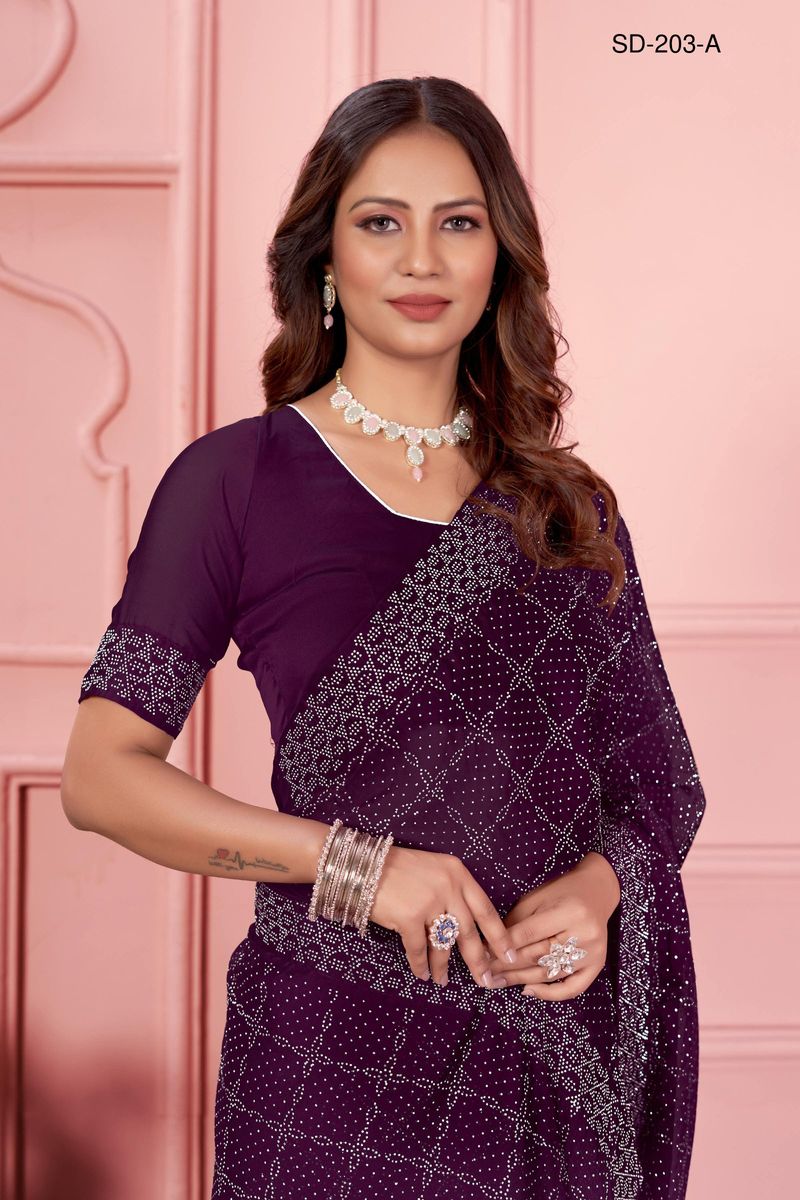 Purple saree With  Rangoli Swarowski Work