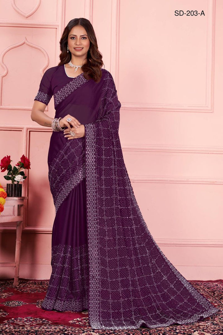 Purple saree With  Rangoli Swarowski Work