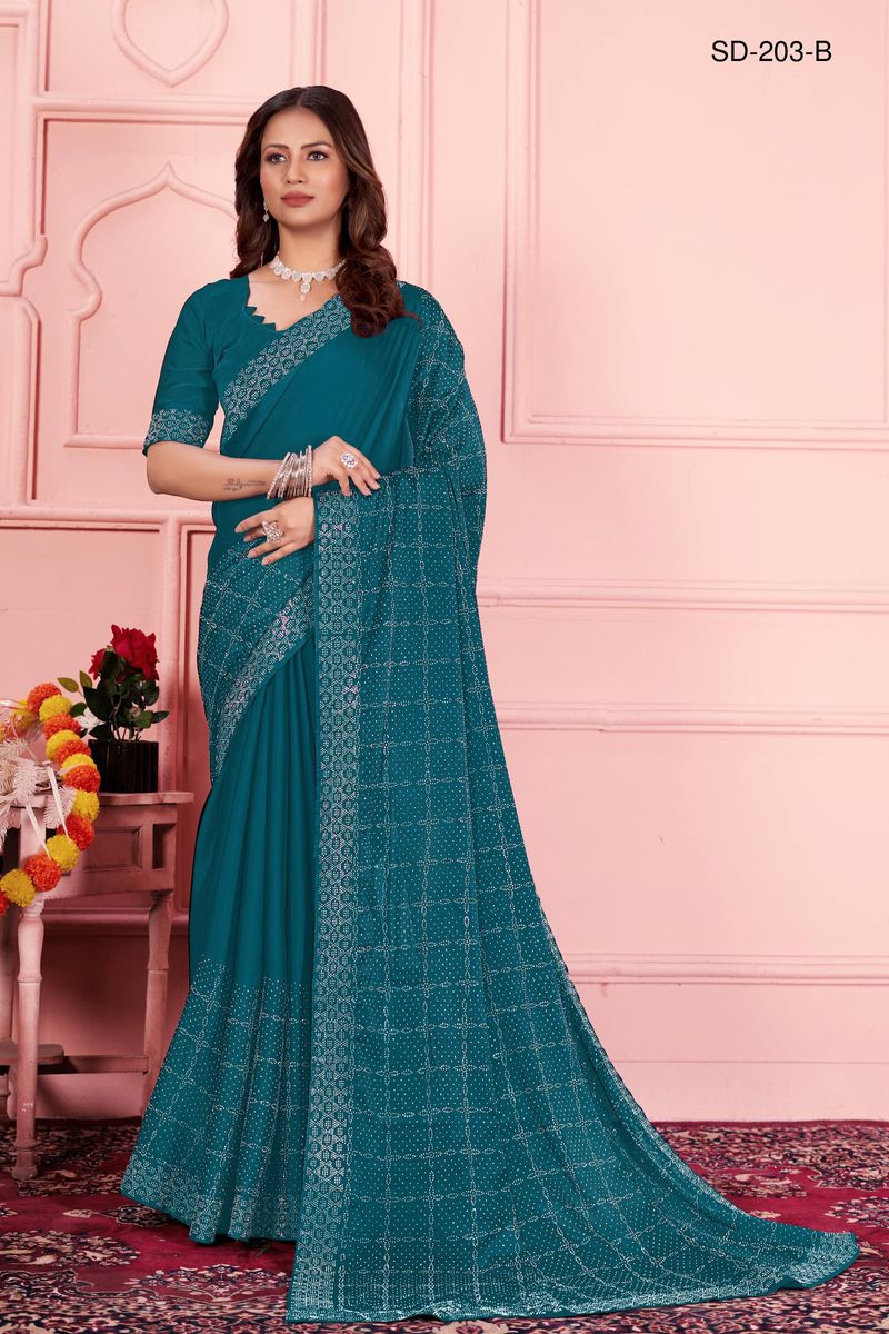 Teal saree With  Rangoli Swarowski Work