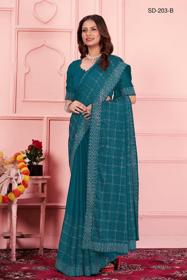 Teal saree With  Rangoli Swarowski Work