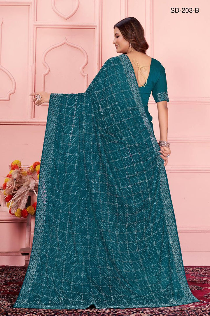 Teal saree With  Rangoli Swarowski Work