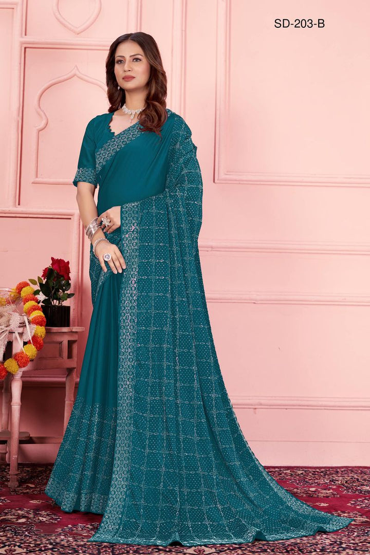 Teal saree With  Rangoli Swarowski Work