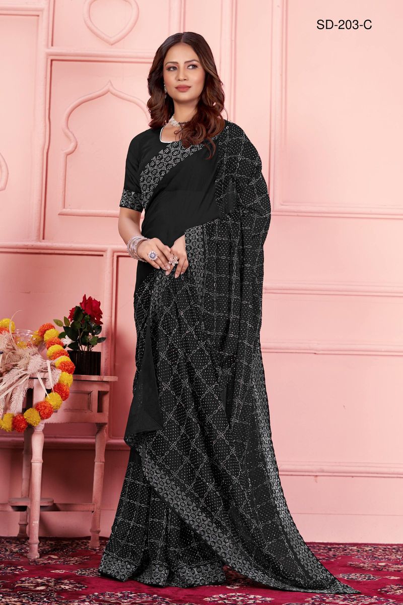 Black saree With  Rangoli Swarowski Work