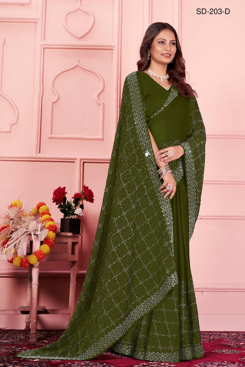 Mehndi Green saree With  Rangoli Swarowski Work