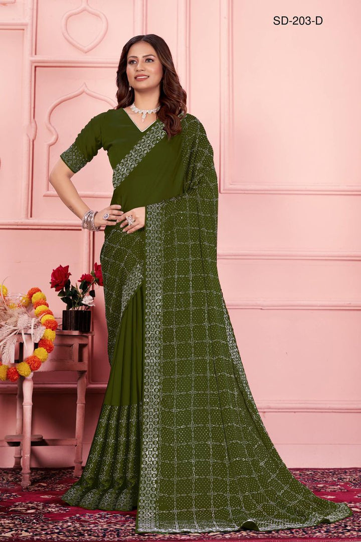 Mehndi Green saree With  Rangoli Swarowski Work