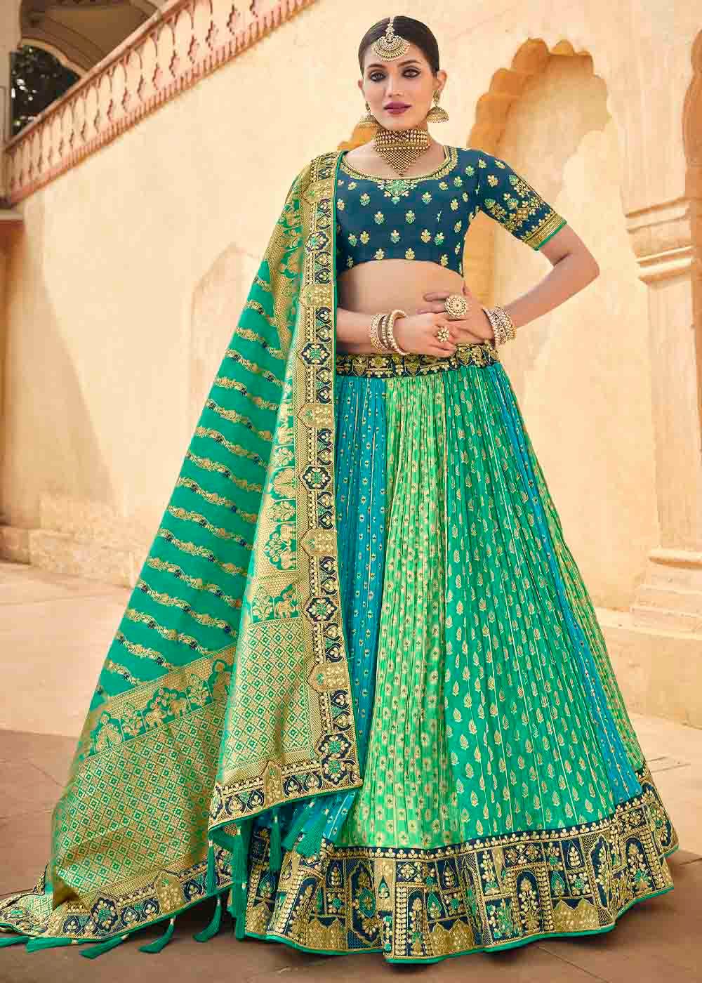 Sea Green Banarasi Silk Lehenga Choli with Khatli work Embroidery - qivii