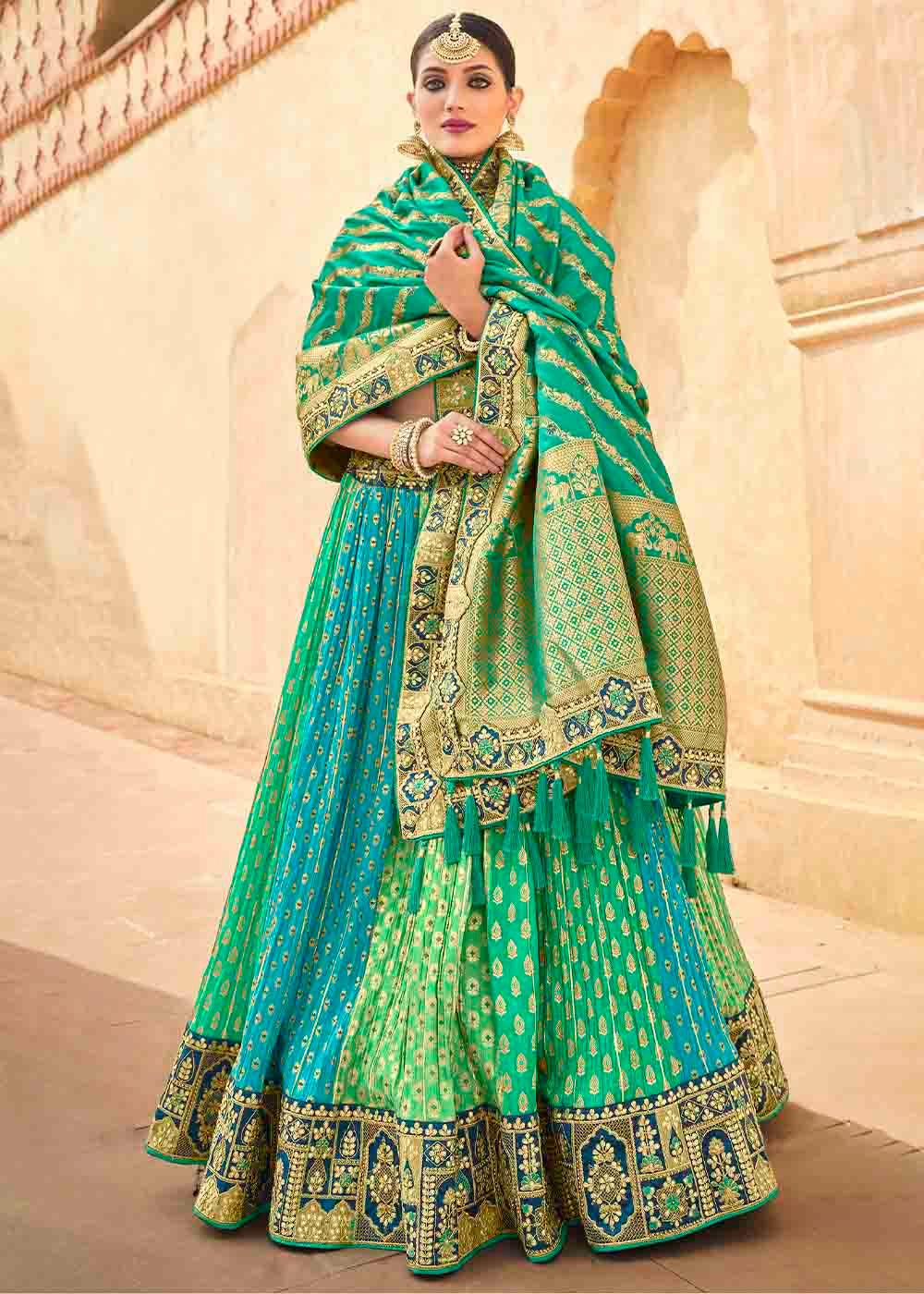 Sea Green Banarasi Silk Lehenga Choli with Khatli work Embroidery - qivii