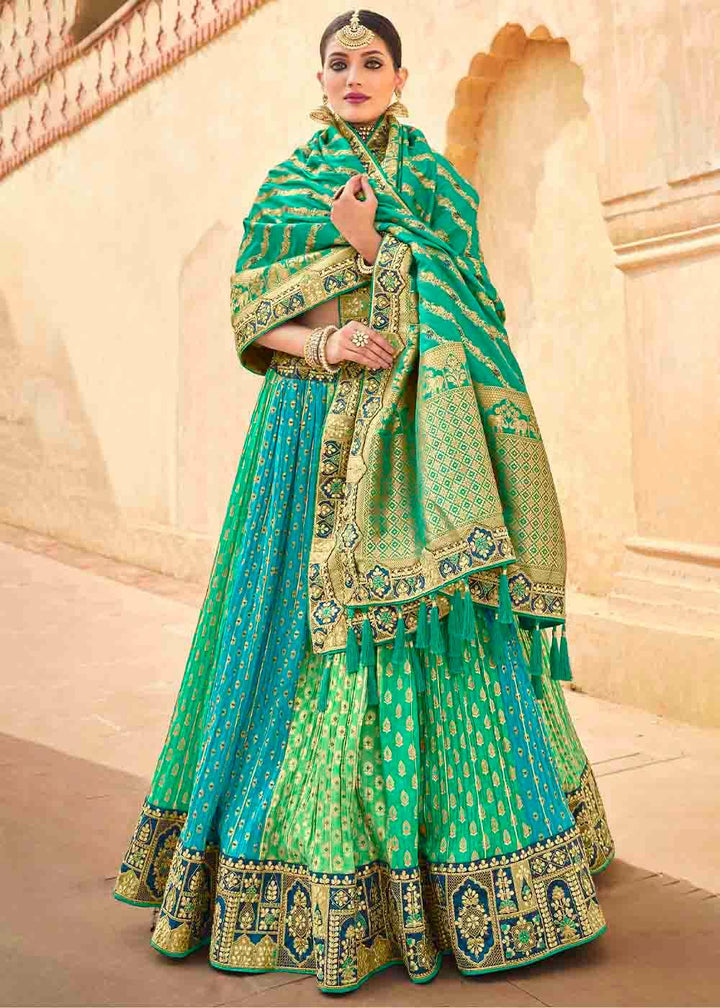 Sea Green Banarasi Silk Lehenga Choli with Khatli work Embroidery - qivii