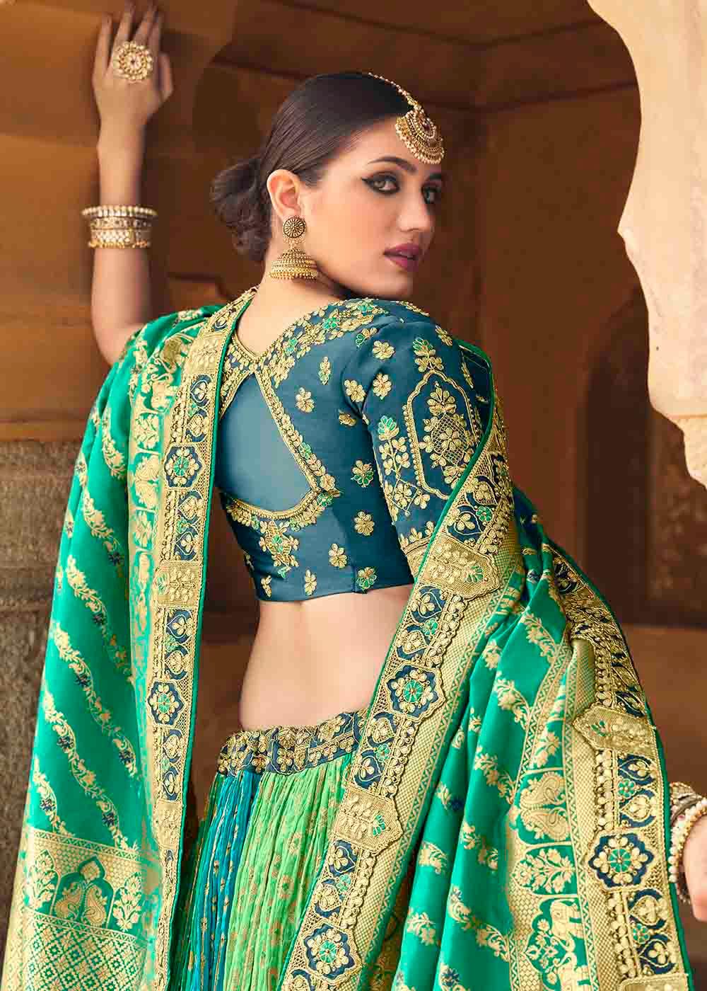 Sea Green Banarasi Silk Lehenga Choli with Khatli work Embroidery - qivii