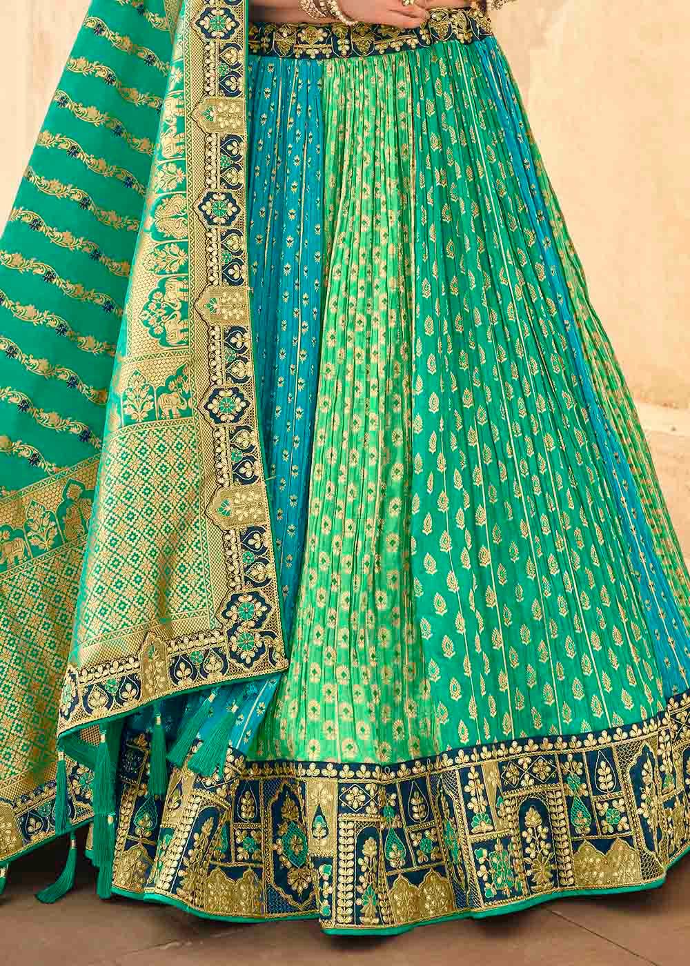 Sea Green Banarasi Silk Lehenga Choli with Khatli work Embroidery - qivii