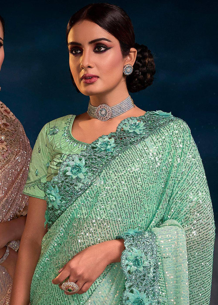 Sea Green Designer Imported Fabric Sequence Saree with Mirror, Zari, Diamond & Sequence Flower Applique work | Stitched Blouse - qivii