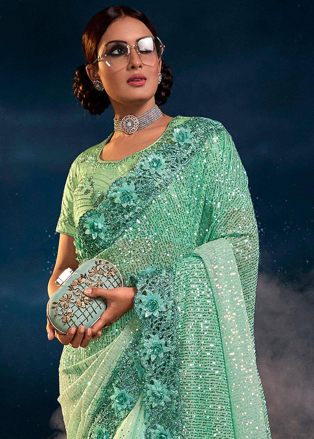 Sea Green Designer Imported Fabric Sequence Saree with Mirror, Zari, Diamond & Sequence Flower Applique work | Stitched Blouse - qivii