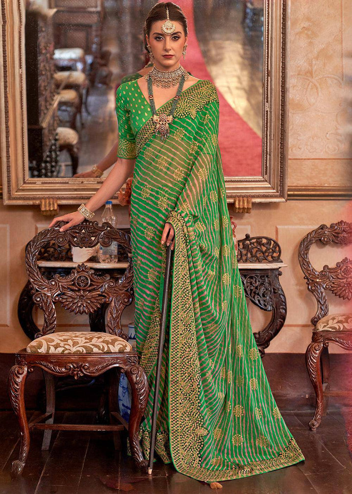 Sea Green Leheriya Printed Georgette Saree | Stitched Blouse - qivii