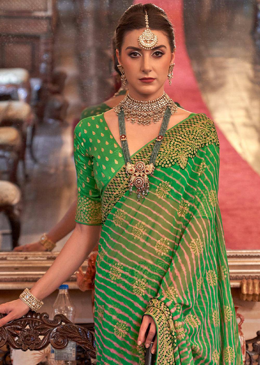 Sea Green Leheriya Printed Georgette Saree | Stitched Blouse - qivii