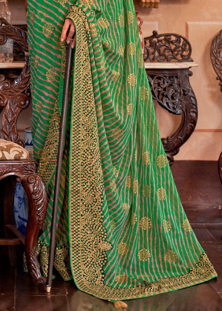 Sea Green Leheriya Printed Georgette Saree | Stitched Blouse - qivii