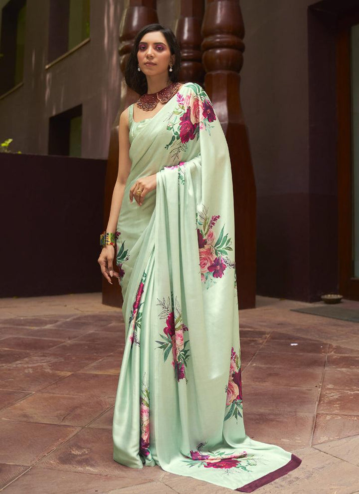 Sea Green Satin Crepe Floral Saree  - By Kreeva