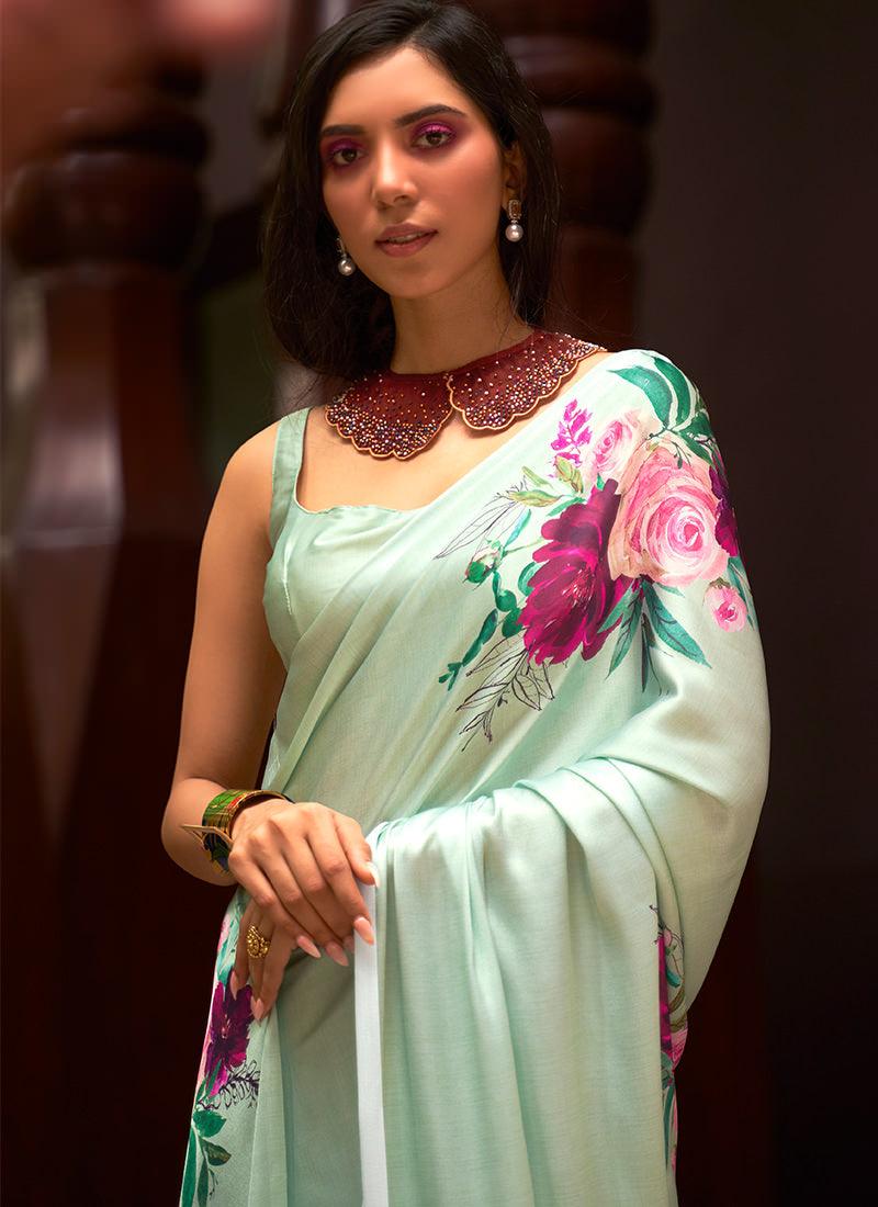 Sea Green Satin Crepe Floral Saree  - By Kreeva